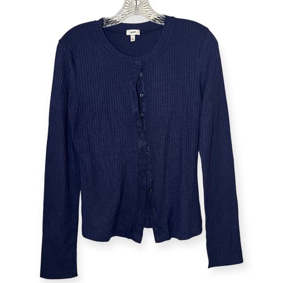Aerie Navy Blue Ribbed Knit Button Front Cardigan Long Sleeve Layering Top Sz M - Picture 2 of 8